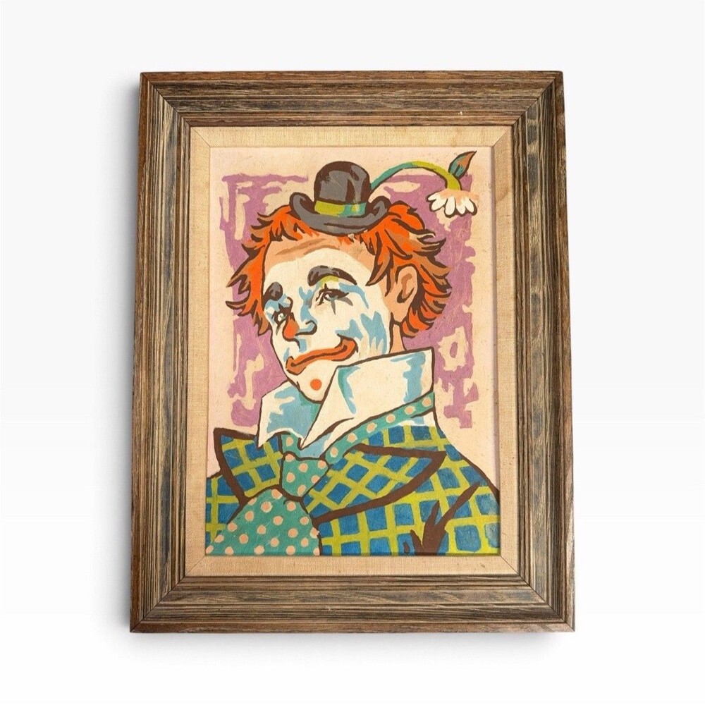Vtg Mid Century Paint By Numbers Clown Painting Framed Circus Art Retro